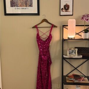 Hot Pink Sequin Gown w/ Crisscross Back & Slit – Size M – Includes Extra Sequins